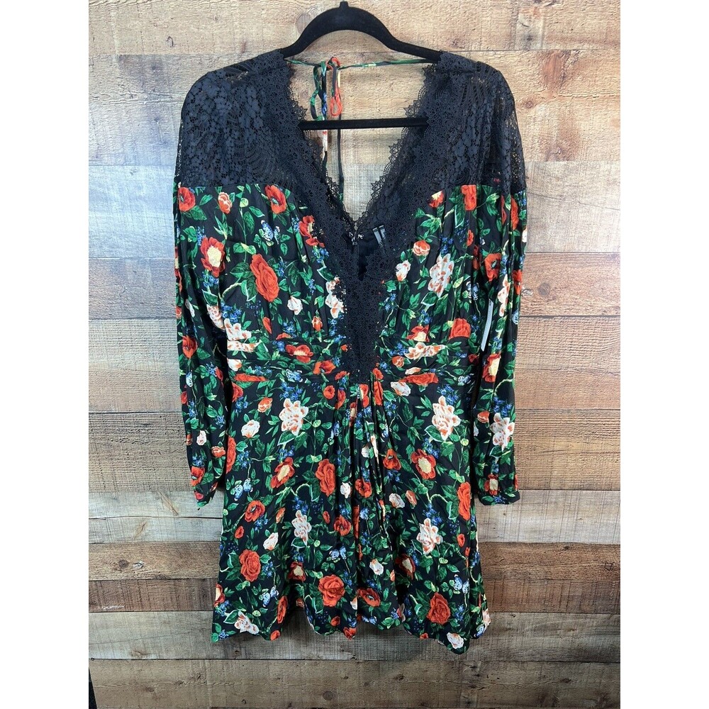 Anthropologie Lacy V-Neck Mini Dress  14 Black Floral Long Sleeve Fit Flare NEW